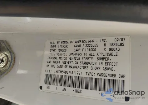 2007 Honda Accord 2.4 Ex from USA, damaged, VIN 1HGCM56857A111791